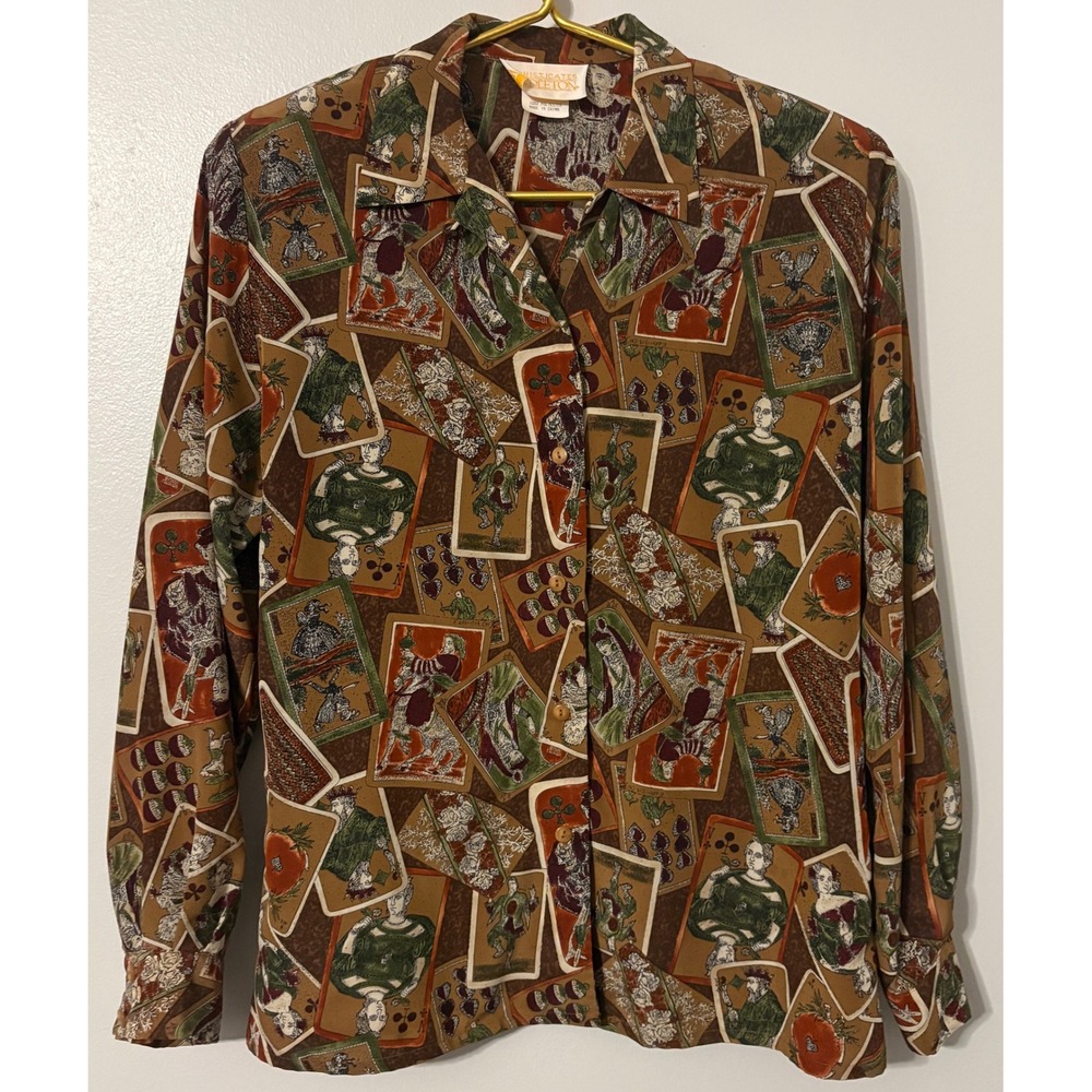 Sophisticates by Pendleton Playing Card Print Blouse Brown Green Size 6 T908-002